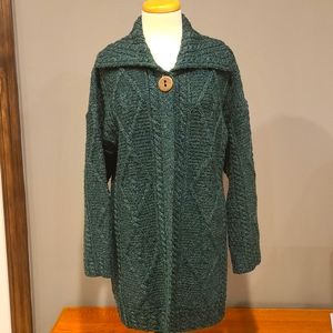 Forest Green Cable Knit Irish Wool Cardigan Sweater by Carraigdon L